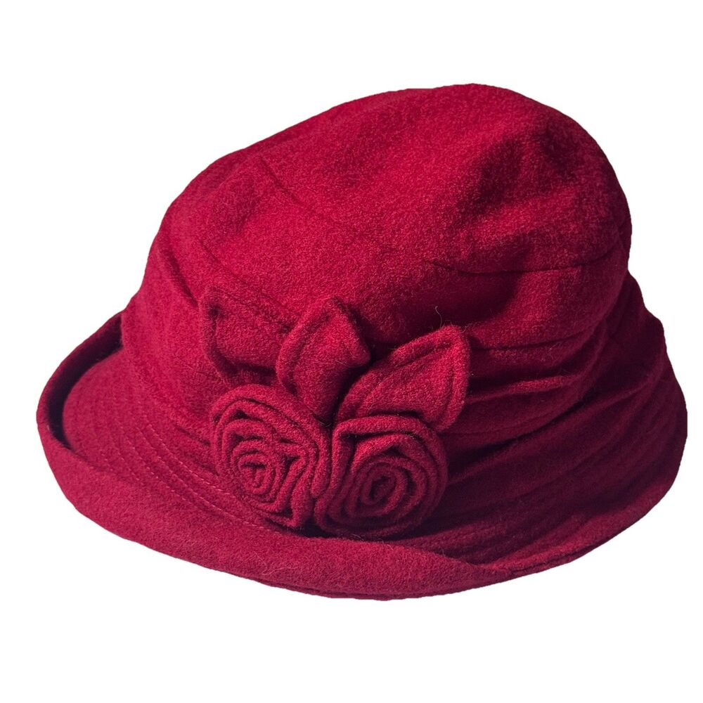 Comhats Red Wool Cloche Hat Bucket 1920s Retro Y2K Vintage Rosette Detail